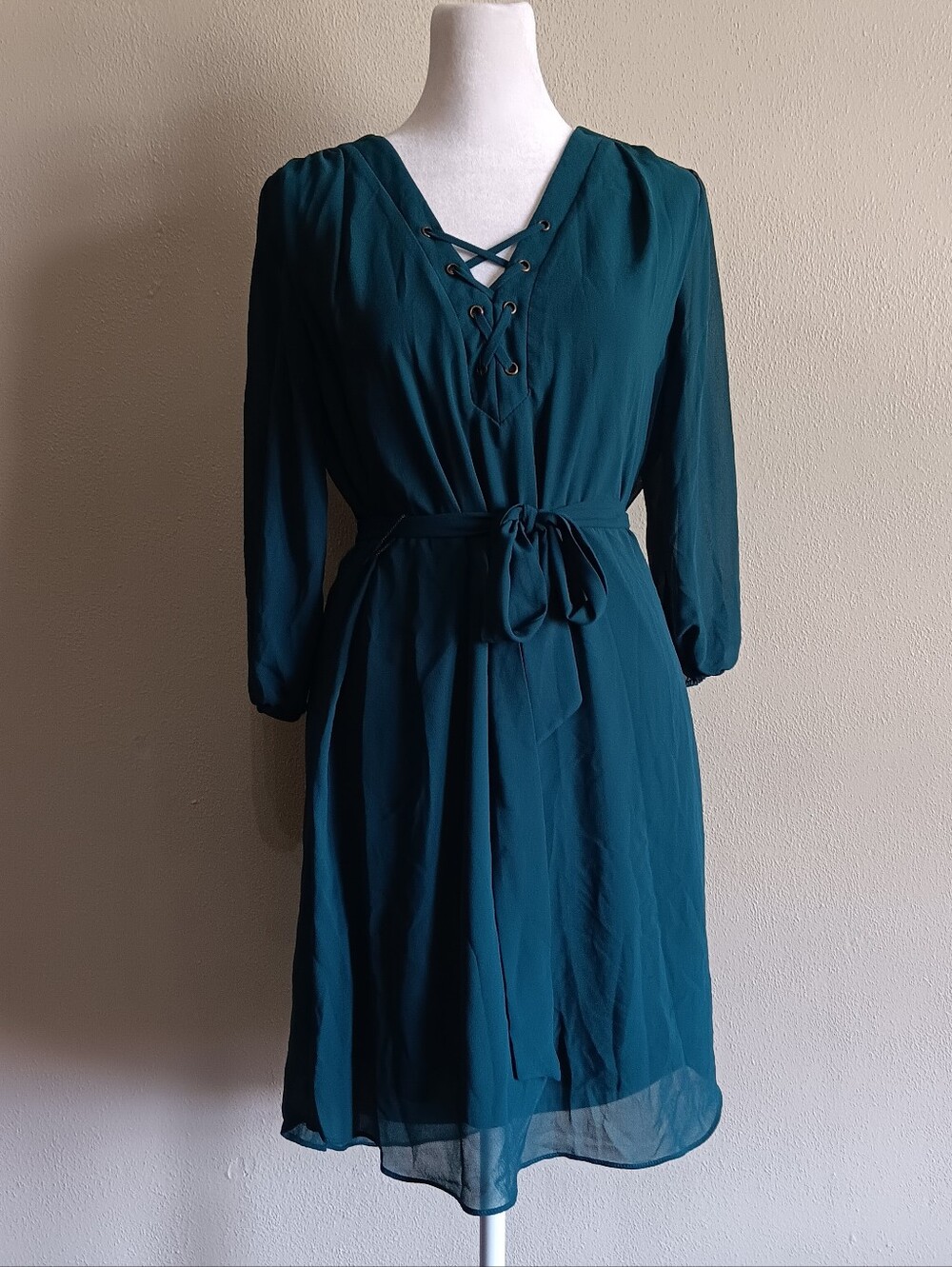 IZ Byer Vintage Boho Teal Belted Long Sleeve Dress Size Large, Slip On Midi